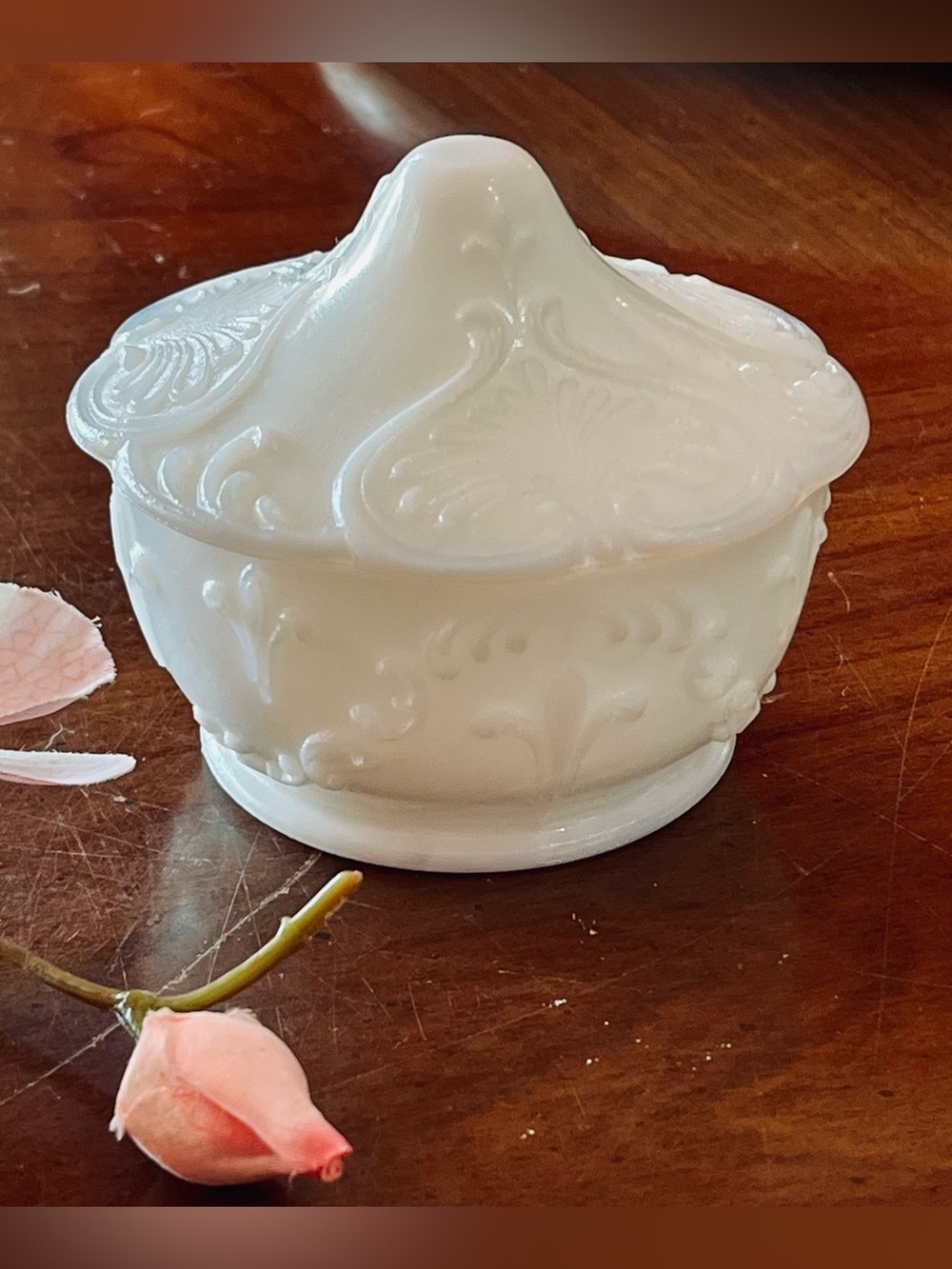 VTG John Kemple Milk Glass Trinket Box Lidded Vanity Jar Art Nouveau Marked K